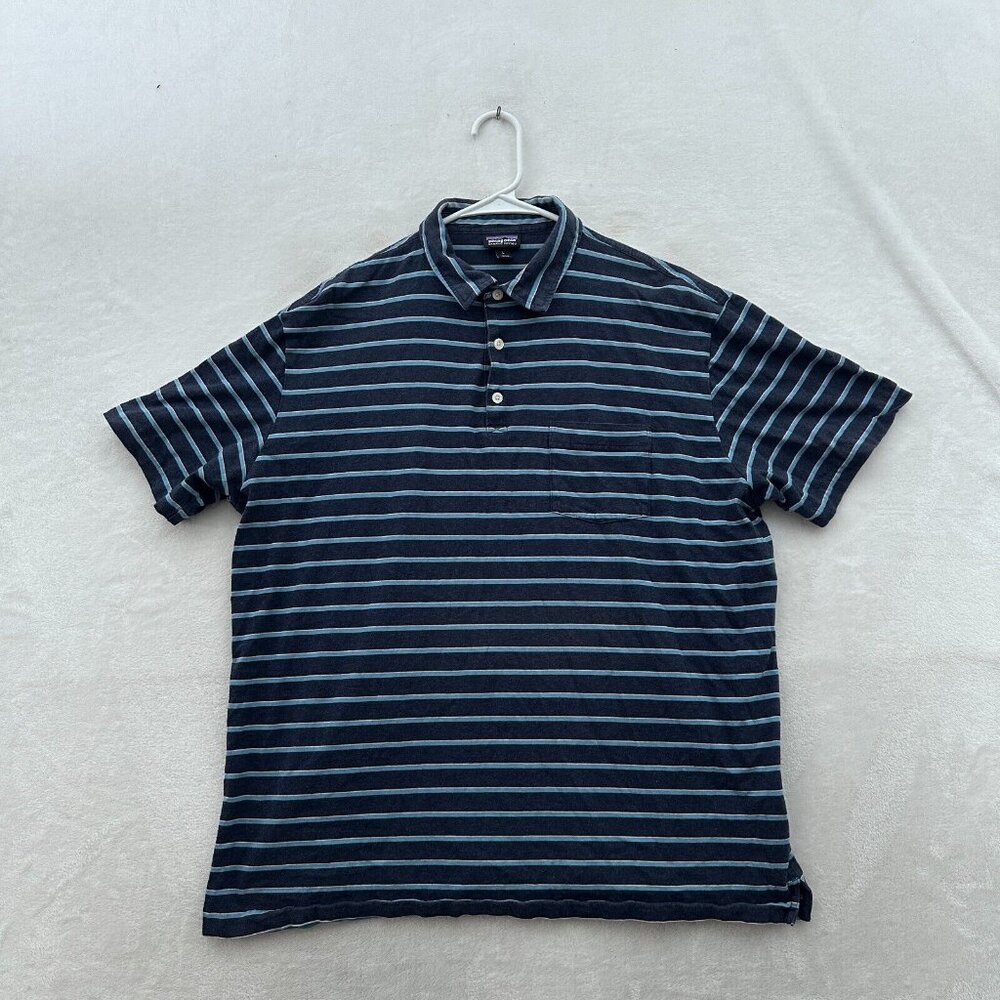 Patagonia Polo Shirt Mens L Blue Striped Squeaky Clean Pocket Preppy Casual